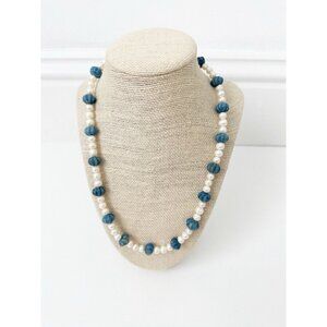 NWT Genuine Fluted Blue Agate & Pearls Necklace Beaded Blue White